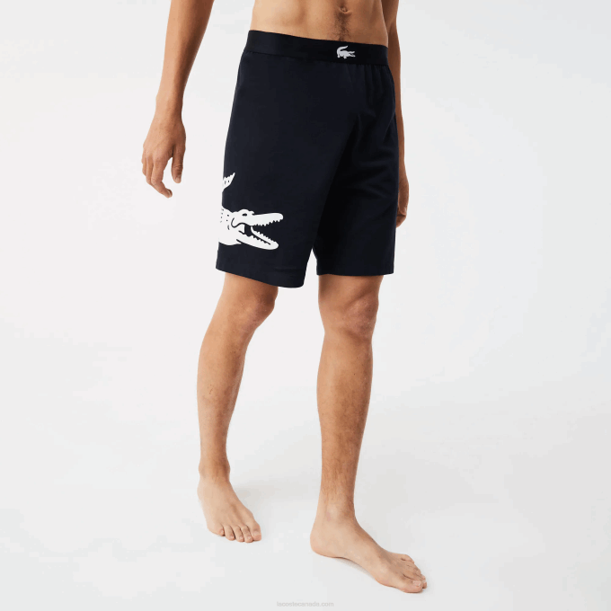 Men Lacoste V0ZN1454 Navy Blue White 525 Crocodile Print And Branded Stretch Cotton Indoor Shorts - Image 2