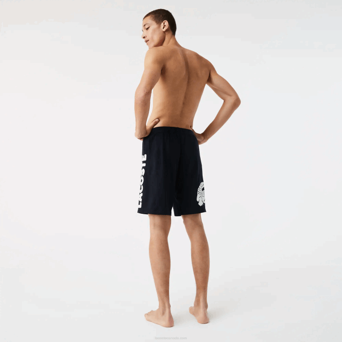 Men Lacoste V0ZN1454 Navy Blue White 525 Crocodile Print And Branded Stretch Cotton Indoor Shorts - Image 3