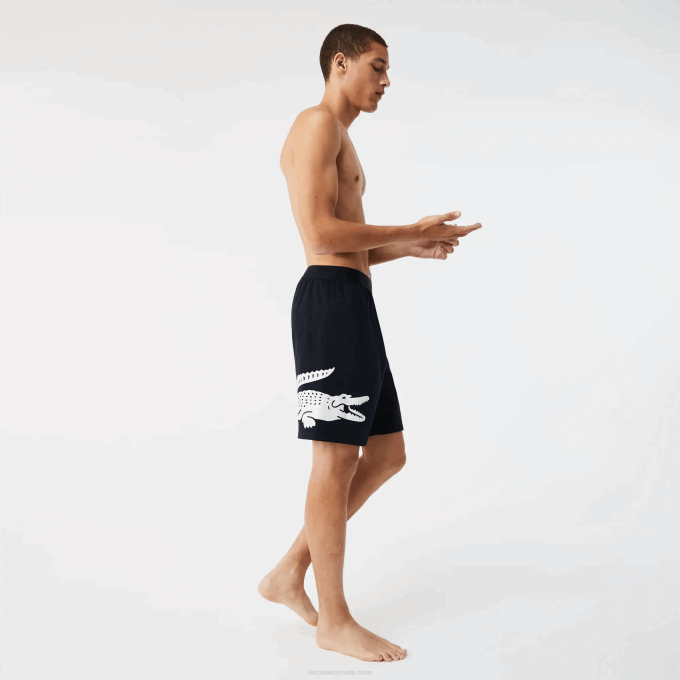 Men Lacoste V0ZN1454 Navy Blue White 525 Crocodile Print And Branded Stretch Cotton Indoor Shorts - Image 6