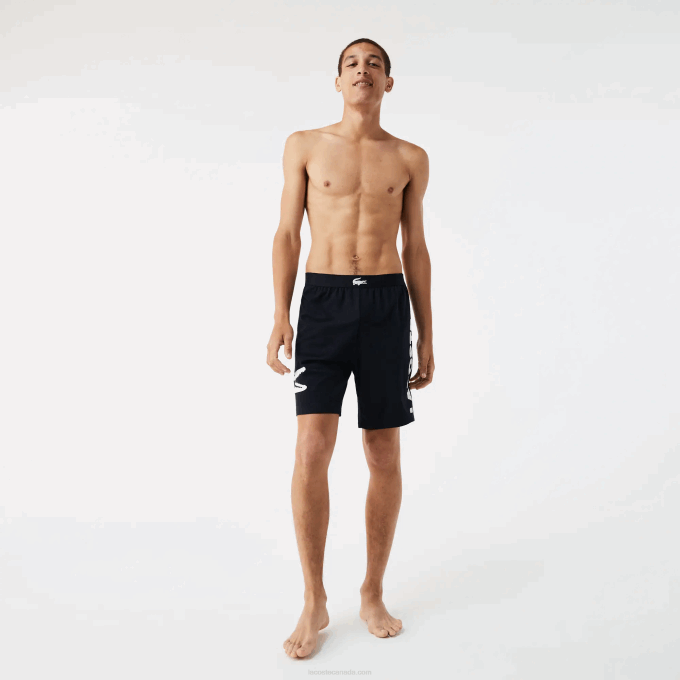 Men Lacoste V0ZN1454 Navy Blue White 525 Crocodile Print And Branded Stretch Cotton Indoor Shorts - Image 8