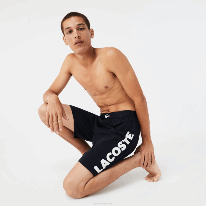 Men Lacoste V0ZN1454 Navy Blue White 525 Crocodile Print And Branded Stretch Cotton Indoor Shorts - Image 1