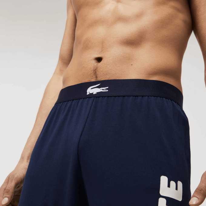 Men Lacoste V0ZN1456 Navy Blue White 525 Crocodile Print Stretch Cotton Pajama Pants - Image 2