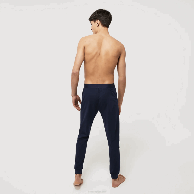 Men Lacoste V0ZN1456 Navy Blue White 525 Crocodile Print Stretch Cotton Pajama Pants - Image 3