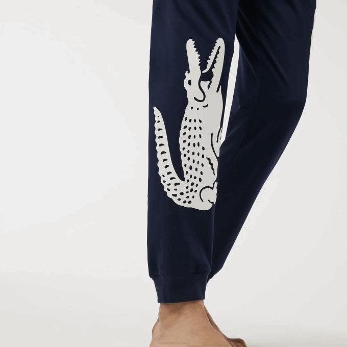Men Lacoste V0ZN1456 Navy Blue White 525 Crocodile Print Stretch Cotton Pajama Pants - Image 4