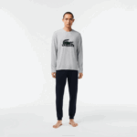 Men Lacoste V0ZN1457 Navy Blue Grey Chine Green VXD Velvet Logo Long Pajama Set
