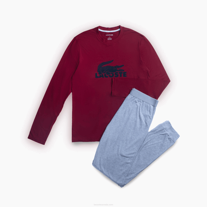Men Lacoste V0ZN1458 Bordeaux Dark Grey Chine 90H Velvet Logo Long Pajama Set - Image 1