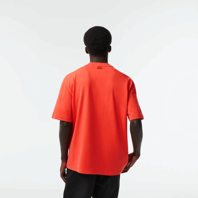 Men Lacoste V0ZN145 Orange 02K Loose Fit Cotton Jersey Print T-Shirt - Image 3