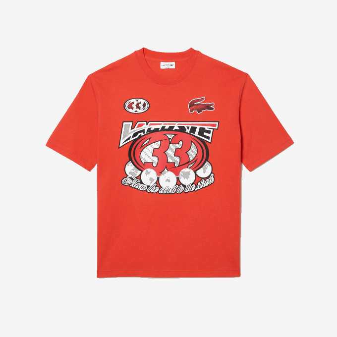 Men Lacoste V0ZN145 Orange 02K Loose Fit Cotton Jersey Print T-Shirt - Image 4