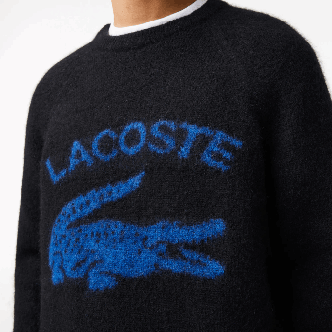 Men Lacoste V0ZN1464 Black Blue 985 Branded Contrast Crocodile Blend Alpaca Sweater - Image 4