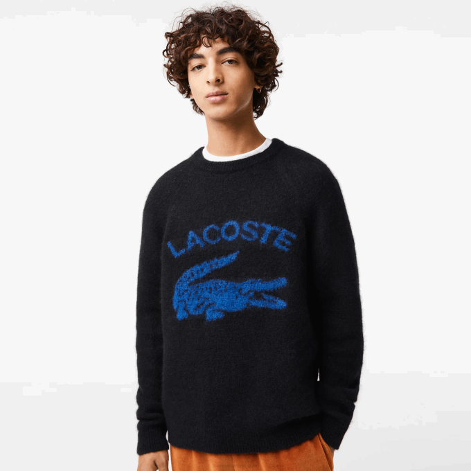 Men Lacoste V0ZN1464 Black Blue 985 Branded Contrast Crocodile Blend Alpaca Sweater - Image 1