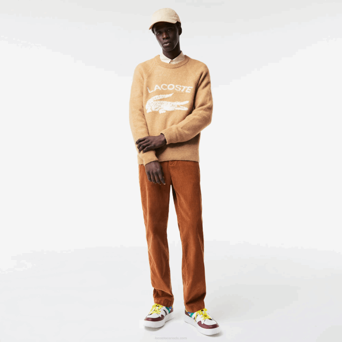 Men Lacoste V0ZN1465 Beige White FP9 Branded Contrast Crocodile Blend Alpaca Sweater - Image 2