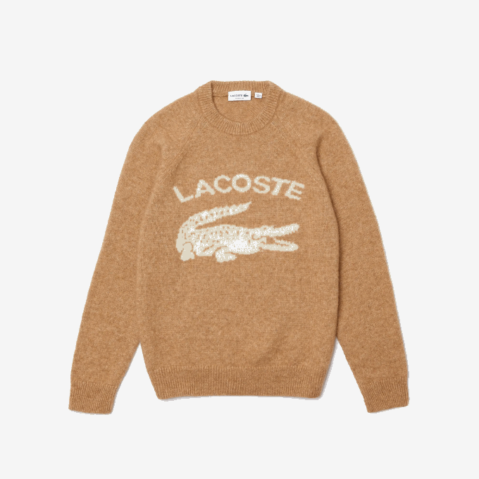 Men Lacoste V0ZN1465 Beige White FP9 Branded Contrast Crocodile Blend Alpaca Sweater - Image 4