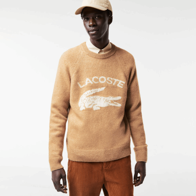 Men Lacoste V0ZN1465 Beige White FP9 Branded Contrast Crocodile Blend Alpaca Sweater - Image 1