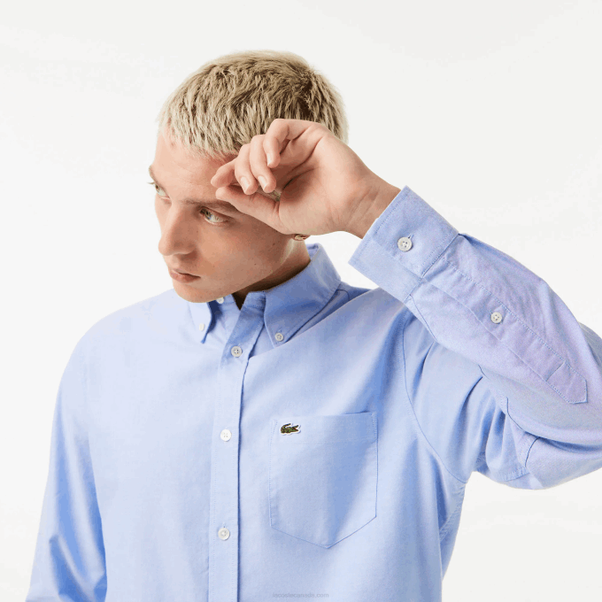 Men Lacoste V0ZN1466 Blue HBP Regular Fit Oxford Cotton Shirt - Image 2