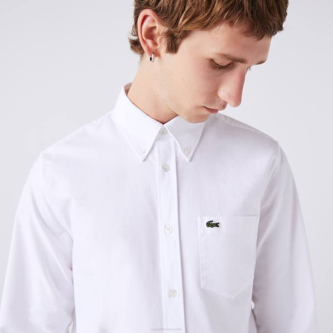 Men Lacoste V0ZN1467 White 001 Regular Fit Oxford Cotton Shirt - Image 1