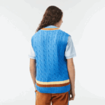 Men Lacoste V0ZN1470 Blue Brown Yellow 7MS Classic Fit Wool Sweater Vest - Image 2