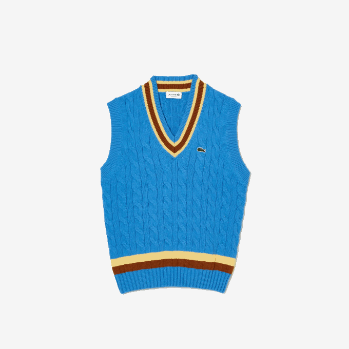 Men Lacoste V0ZN1470 Blue Brown Yellow 7MS Classic Fit Wool Sweater Vest - Image 3