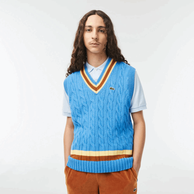 Men Lacoste V0ZN1470 Blue Brown Yellow 7MS Classic Fit Wool Sweater Vest - Image 1