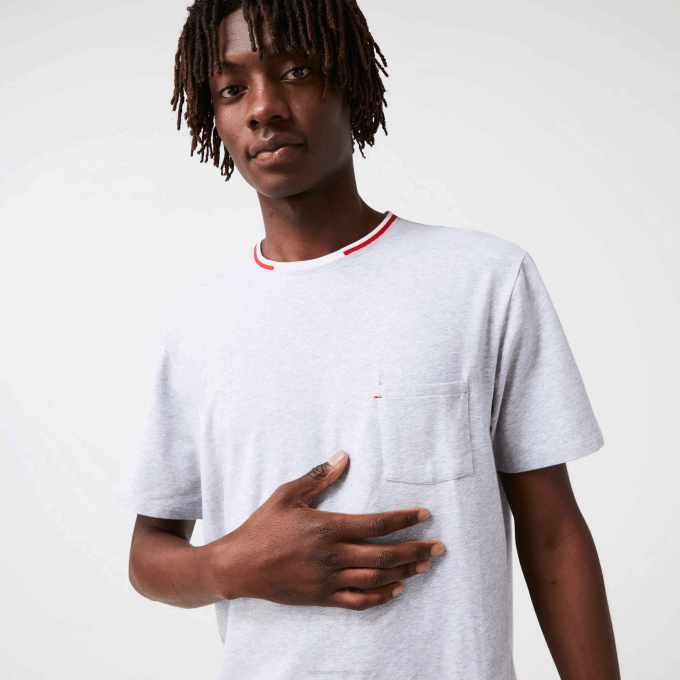 Men Lacoste V0ZN1472 Grey Chine CCA Short Sleeve Three-Tone Round Neck Pajamas T-Shirt - Image 3