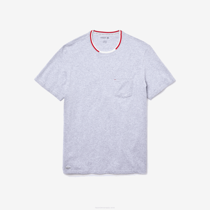 Men Lacoste V0ZN1472 Grey Chine CCA Short Sleeve Three-Tone Round Neck Pajamas T-Shirt - Image 4