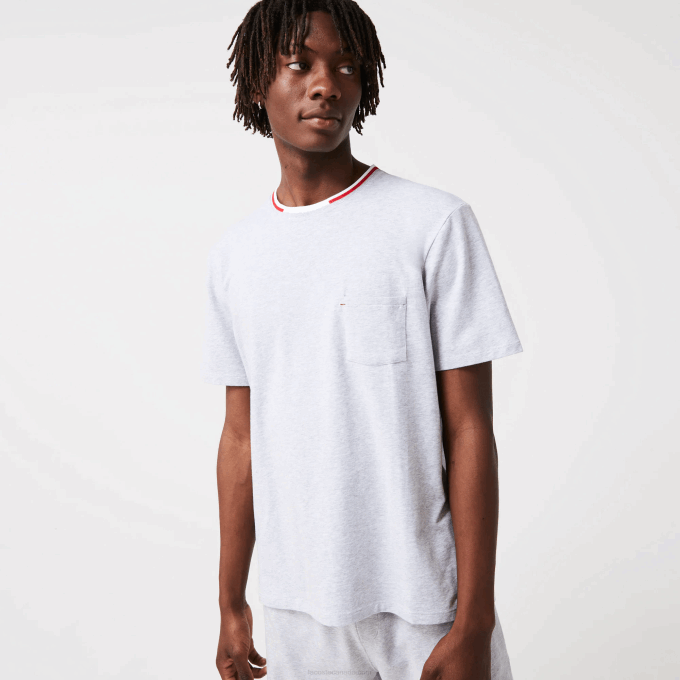 Men Lacoste V0ZN1472 Grey Chine CCA Short Sleeve Three-Tone Round Neck Pajamas T-Shirt - Image 1