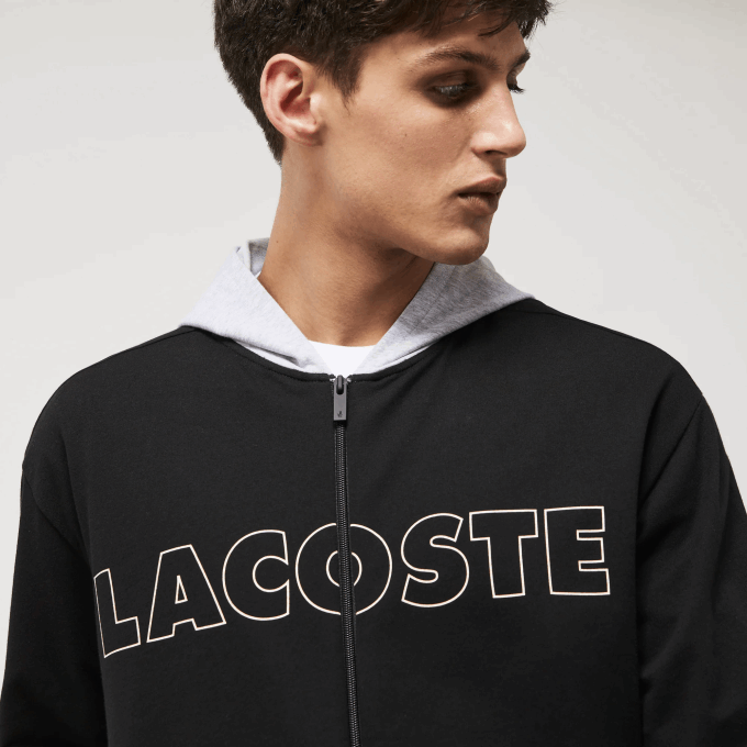 Men Lacoste V0ZN1474 Black Grey Chine SNP Branded Cotton Fleece Indoor Hoodie - Image 2