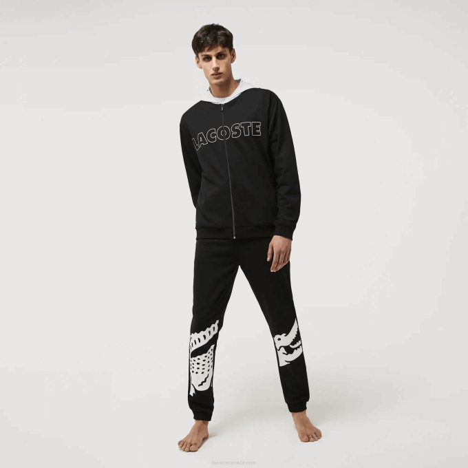 Men Lacoste V0ZN1474 Black Grey Chine SNP Branded Cotton Fleece Indoor Hoodie - Image 1