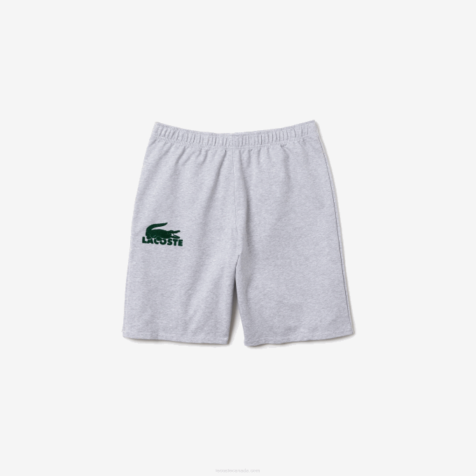 Men Lacoste V0ZN1479 Grey Chine Green Y9K Velour Crocodile Cotton Fleece Lounge Shorts - Image 3