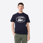 Men Lacoste V0ZN147 Black/White HHW Relaxed Fit Tone-On-Tone Branded Cotton T-Shirt