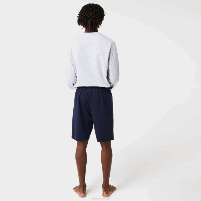 Men Lacoste V0ZN1481 Navy Blue 423 Velour Crocodile Cotton Fleece Lounge Shorts - Image 2