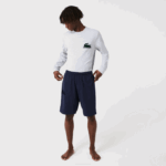 Men Lacoste V0ZN1481 Navy Blue 423 Velour Crocodile Cotton Fleece Lounge Shorts - Image 3