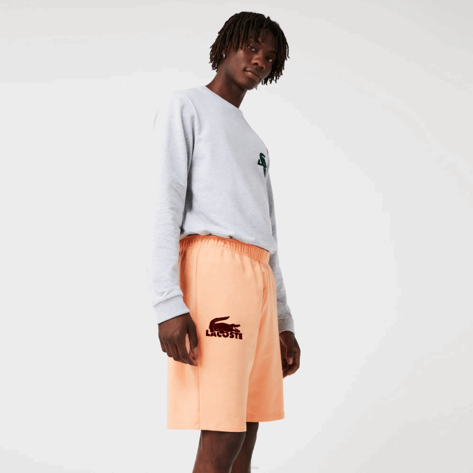 Men Lacoste V0ZN1482 Light Orange Bordeaux RZ6 Velour Crocodile Cotton Fleece Lounge Shorts - Image 2