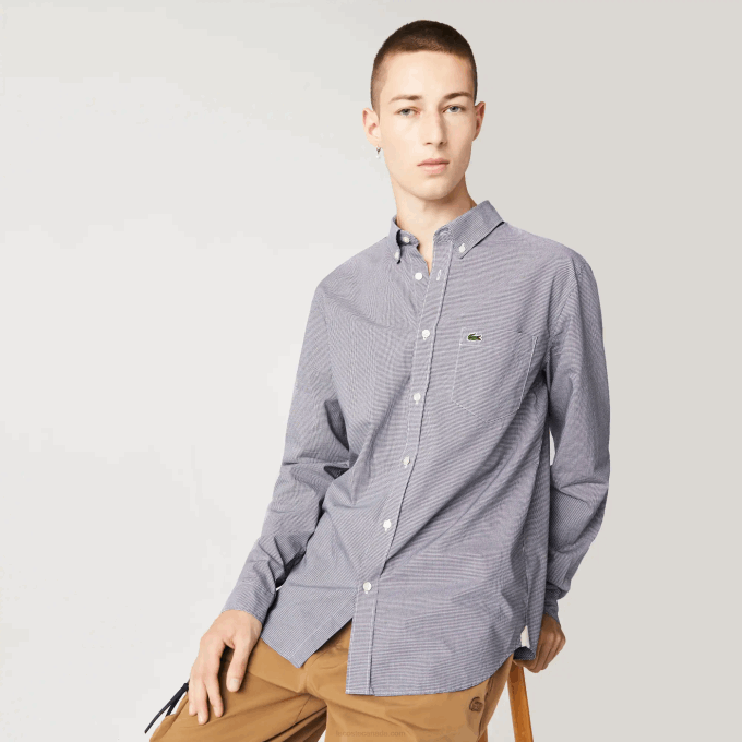 Men Lacoste V0ZN1485 White Navy Blue 522 Regular Fit Cotton Poplin Shirt - Image 2