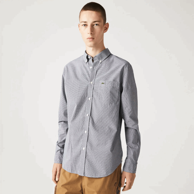 Men Lacoste V0ZN1485 White Navy Blue 522 Regular Fit Cotton Poplin Shirt - Image 1