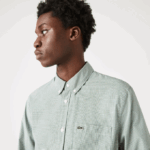 Men Lacoste V0ZN1486 White Green 737 Regular Fit Cotton Poplin Shirt - Image 2