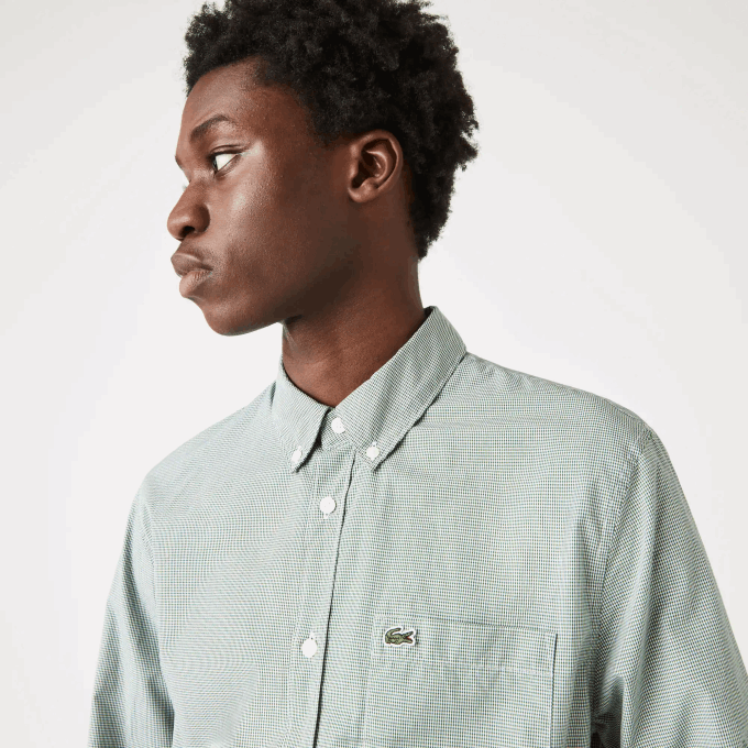 Men Lacoste V0ZN1486 White Green 737 Regular Fit Cotton Poplin Shirt - Image 2