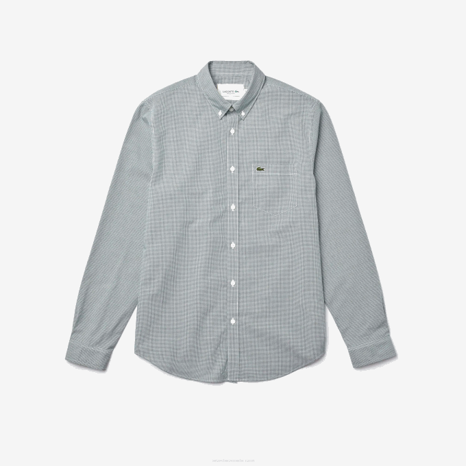 Men Lacoste V0ZN1486 White Green 737 Regular Fit Cotton Poplin Shirt - Image 4