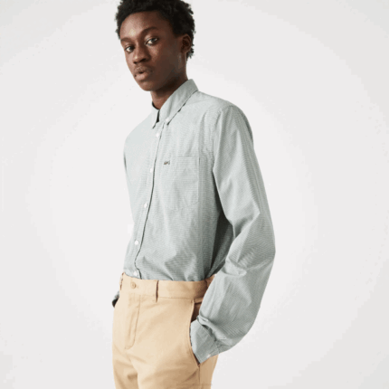 Men Lacoste V0ZN1486 White Green 737 Regular Fit Cotton Poplin Shirt