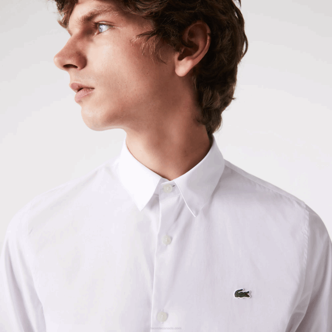 Men Lacoste V0ZN1488 White 001 Slim Fit Stretch Cotton Poplin Shirt - Image 1