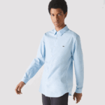 Men Lacoste V0ZN1489 Blue HBP Slim Fit Stretch Cotton Poplin Shirt - Image 6