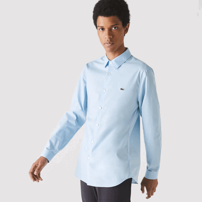 Men Lacoste V0ZN1489 Blue HBP Slim Fit Stretch Cotton Poplin Shirt - Image 6