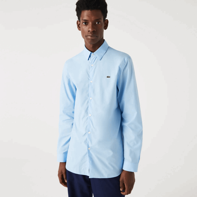 Men Lacoste V0ZN1489 Blue HBP Slim Fit Stretch Cotton Poplin Shirt - Image 1