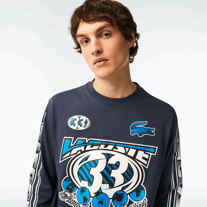 Men Lacoste V0ZN148 Blue XIE Loose Fit Long Sleeve Printed T-Shirt - Image 2