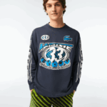 Men Lacoste V0ZN148 Blue XIE Loose Fit Long Sleeve Printed T-Shirt