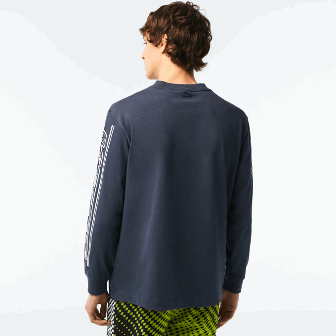 Men Lacoste V0ZN148 Blue XIE Loose Fit Long Sleeve Printed T-Shirt - Image 3