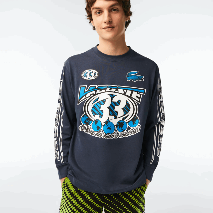 Men Lacoste V0ZN148 Blue XIE Loose Fit Long Sleeve Printed T-Shirt - Image 1