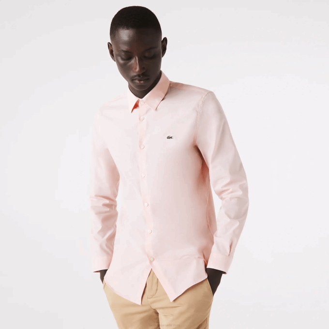 Men Lacoste V0ZN1490 Light Pink ADY Slim Fit Stretch Cotton Poplin Shirt - Image 2