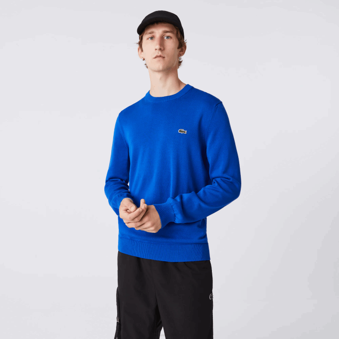 Men Lacoste V0ZN1491 Blue K1Q Organic Cotton Crew Neck Sweater - Image 2