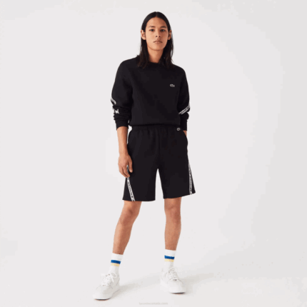Men Lacoste V0ZN1497 Black 031 Printed Bands Brushed Fleece Shorts