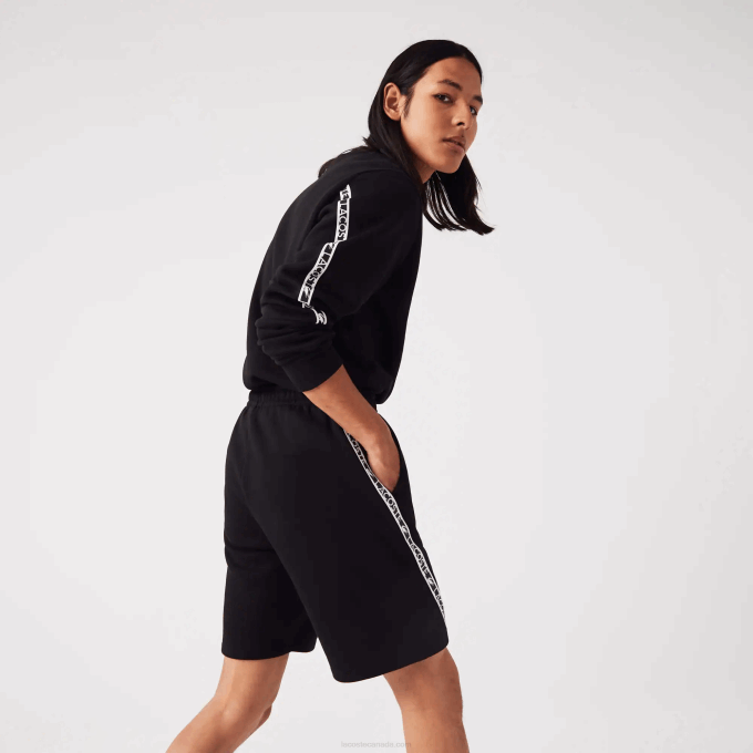Men Lacoste V0ZN1497 Black 031 Printed Bands Brushed Fleece Shorts - Image 6
